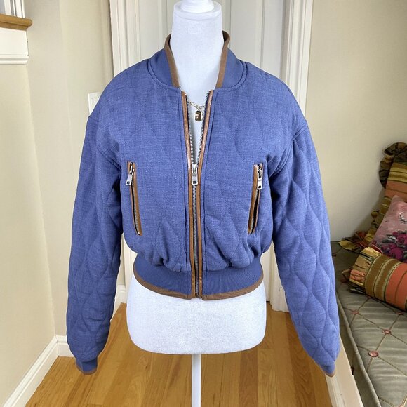 7 for All Mankind Jacket Cropped Quilted Chambray Blue Bomber (S) - Picture 1 of 8